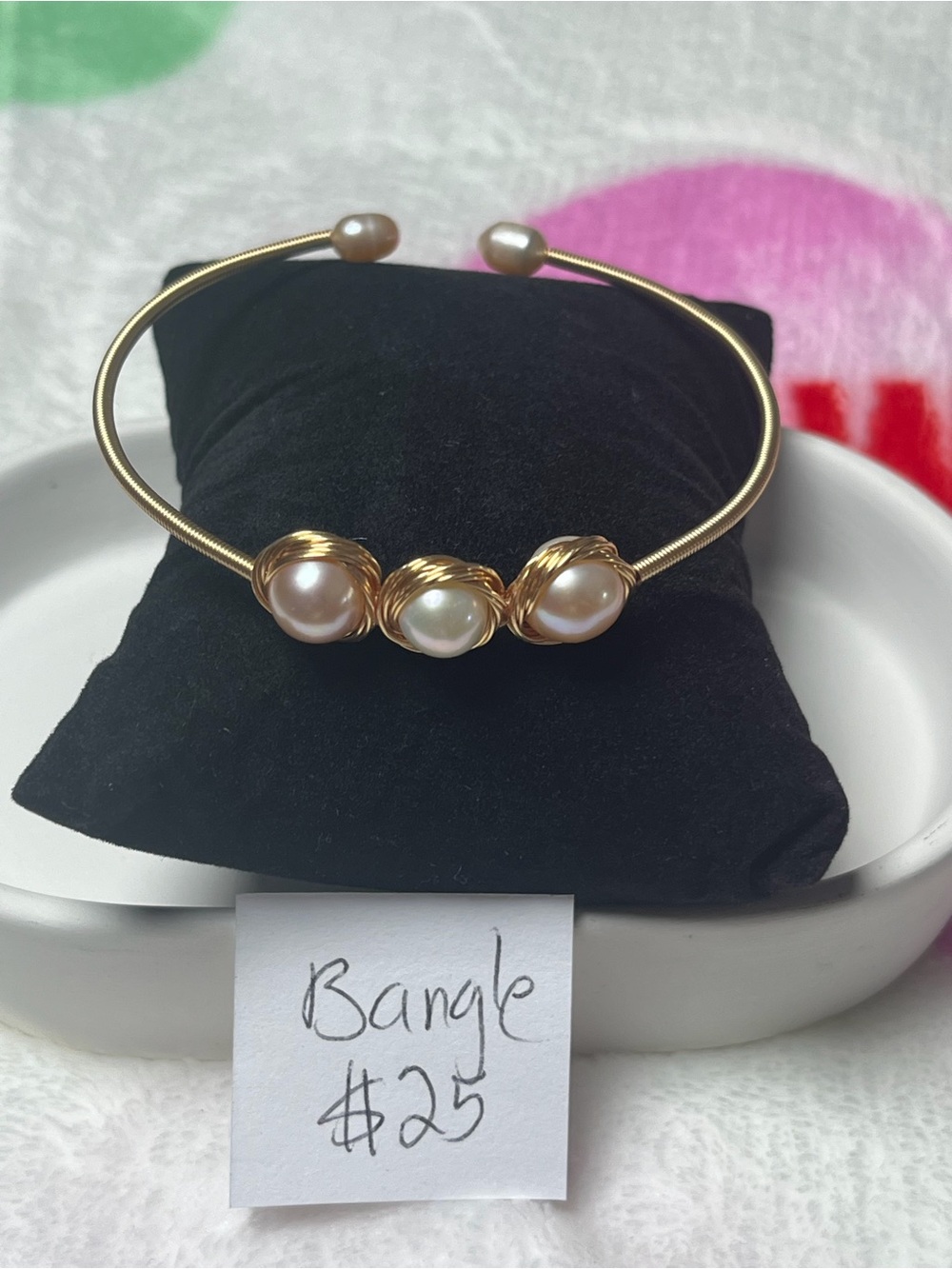 Gold Pearl Open Bangle Bracelet - Elegant Women's Jewelry